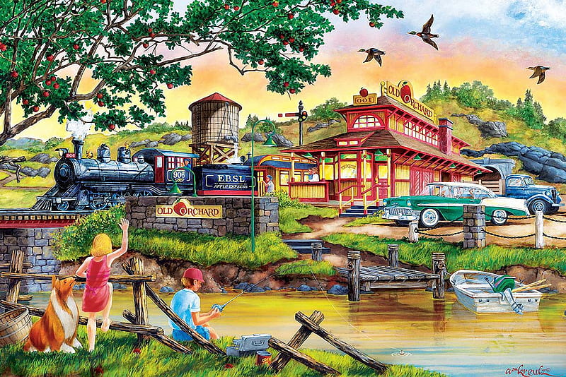 Apple Express, train, bridge, car, station, children, river, trees, artwork, boat, painting, HD wallpaper