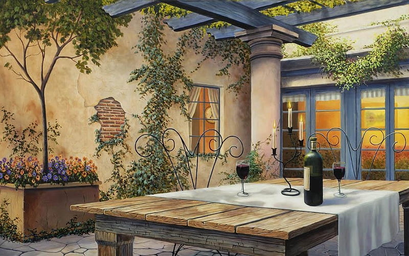 evening invitation, table, glass, tree, window, wine, cloth, vines, candles, HD wallpaper