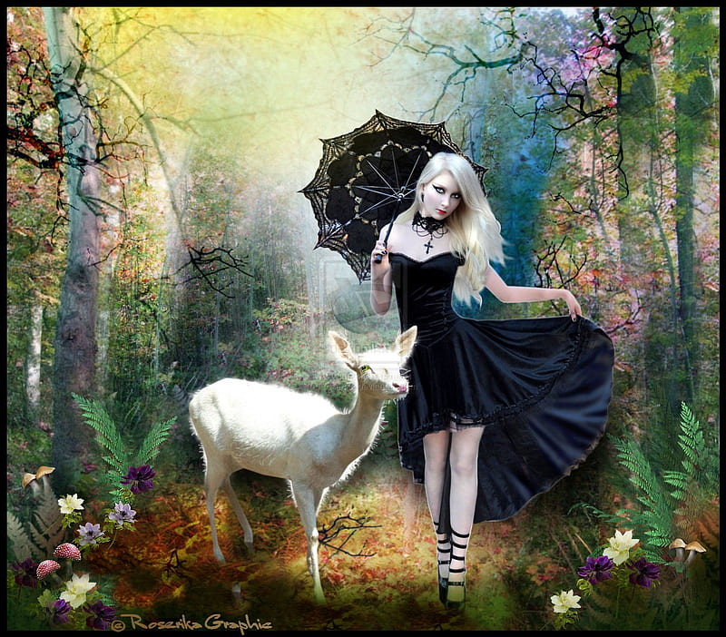 ~Gothic Girl with White Doe~, pretty, grass, umbrella, women, sweet, fantasy, butterfly, splendor, manipulation, emotional, flowers, forests, face, insects, lovely, models, black, white doe, lips, trees, cool, Cross pendant, eyes, dress, digital arts, splendid, woods, mushroom, bonito, hair, leaves, wild, people, girls, blooms, gorgeous, animals, female, necklace, colors, spring, butterflies, plants, weird things people wear, shoes, HD wallpaper