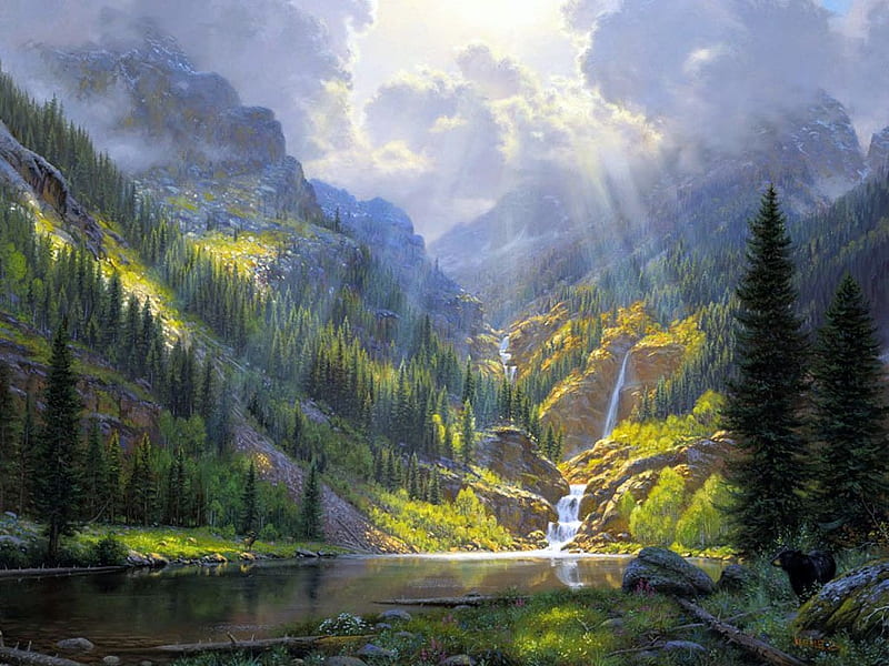 Rocky Mountains, mountain, painting, waterfall, river, sunshine, artwork, landscape, HD wallpaper