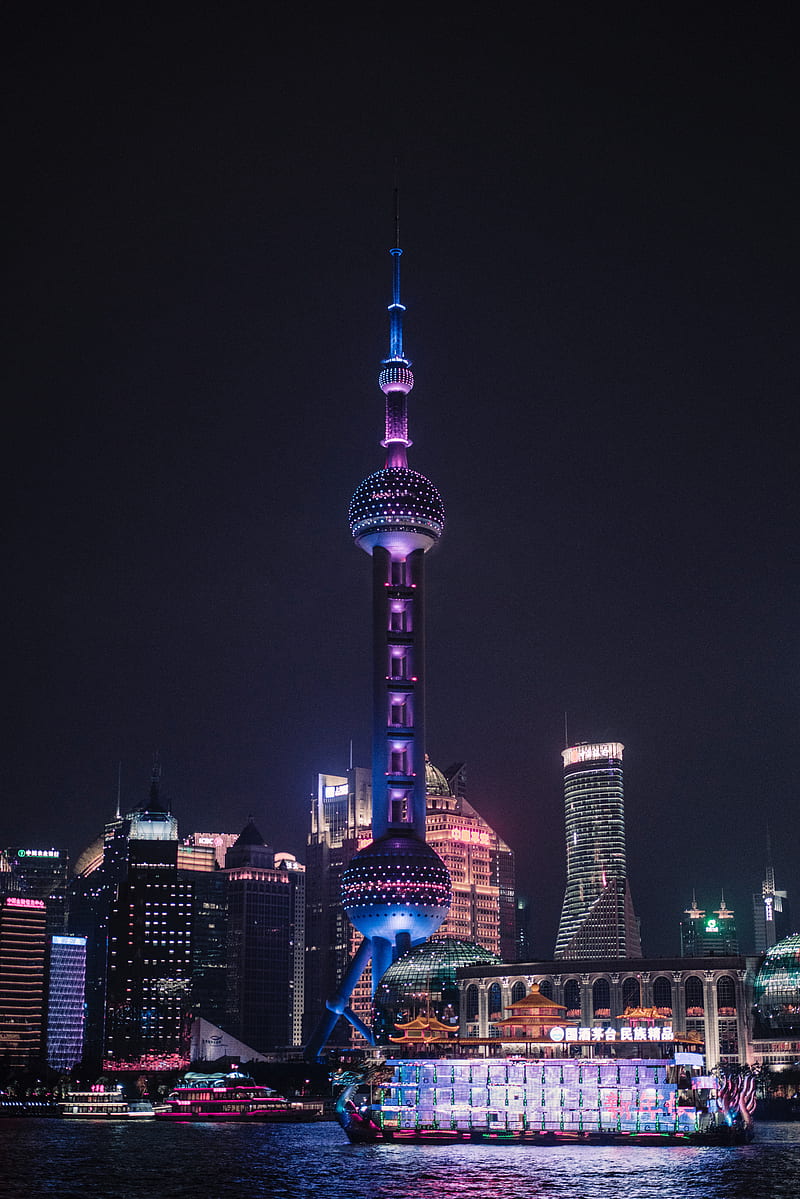 tower, architecture, buildings, night city, shanghai, china, HD phone wallpaper