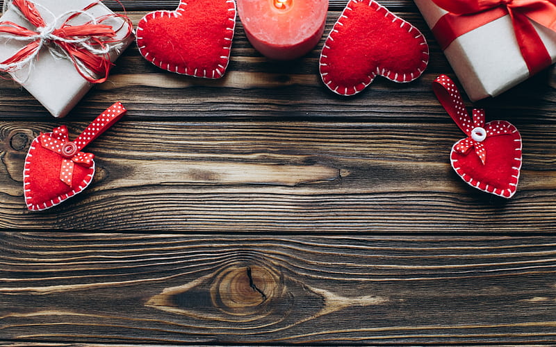 Valentines day, wooden background, February 14, red hearts, gifts, candles, love concepts, HD wallpaper