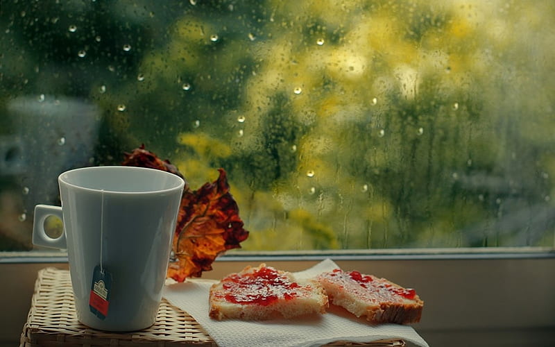 A Rainy Morning, rain, Window, Coffee, Morning, Drops, Cup, Breakfast, HD wallpaper