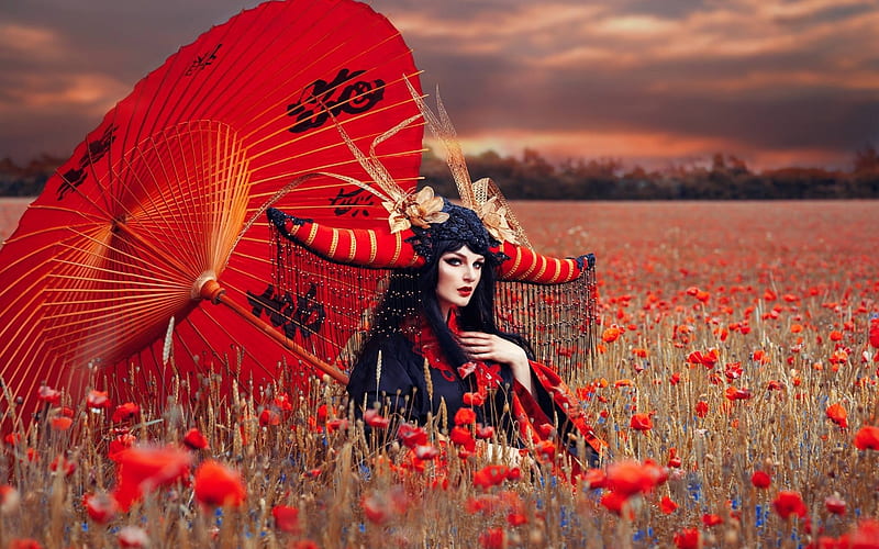 Red silence, red, poppy, model, umbrella, horns, demon, girl, summer, flower, field, HD wallpaper