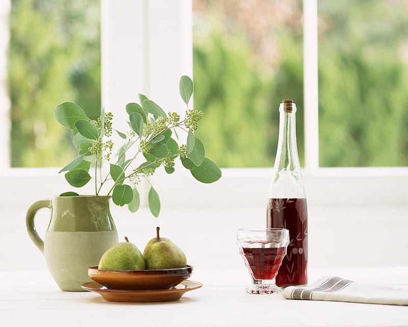 Setting for one, table, window, greenery, plates, vase, glass, red wine, pears, serviette, HD wallpaper