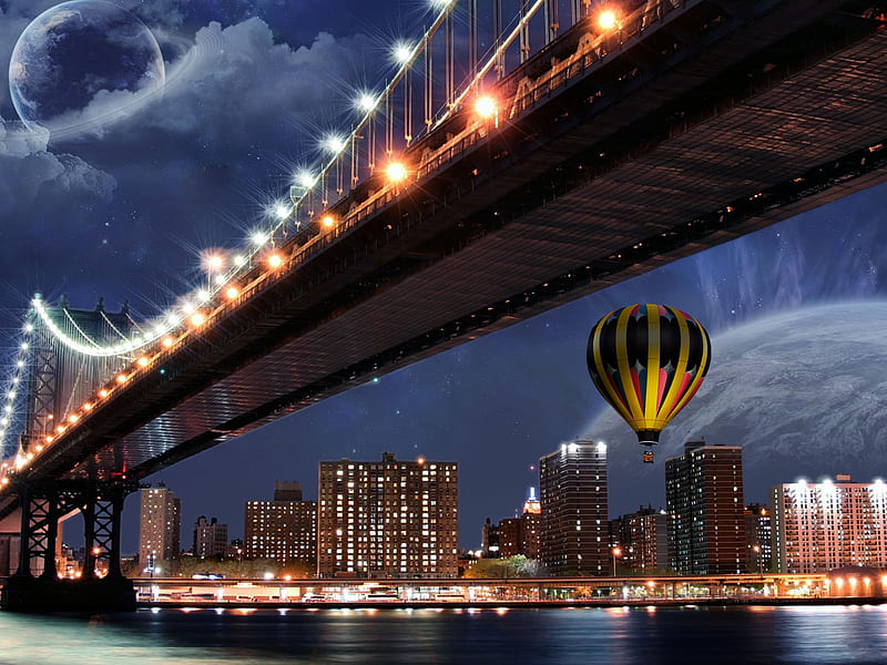 A Balloon in the City, moon, balloon, bidge, dark, river skyline, hot air ballon, HD wallpaper