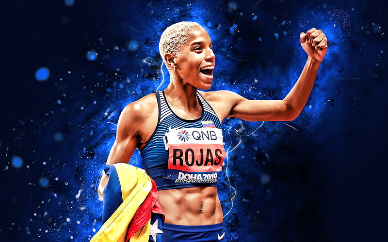 Yulimar Rojas, blue neon lights, Venezuelan athlete, Venezuela National Team, athlete, Yulimar Rojas with flag, athletics, Yulimar Rojas, HD wallpaper