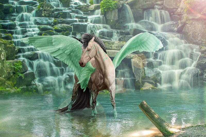Pegasus, art, wings, luminos, unicorn, horse, fantasy, water, green, ellipsiem, HD wallpaper