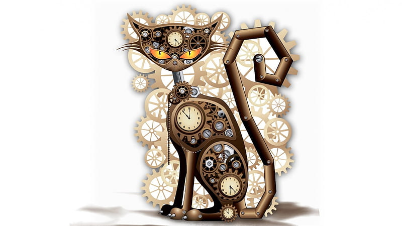 Cat Time, clocks, time, sprockets, cat, abstract, metal, mechanical, gears, tubes, HD wallpaper
