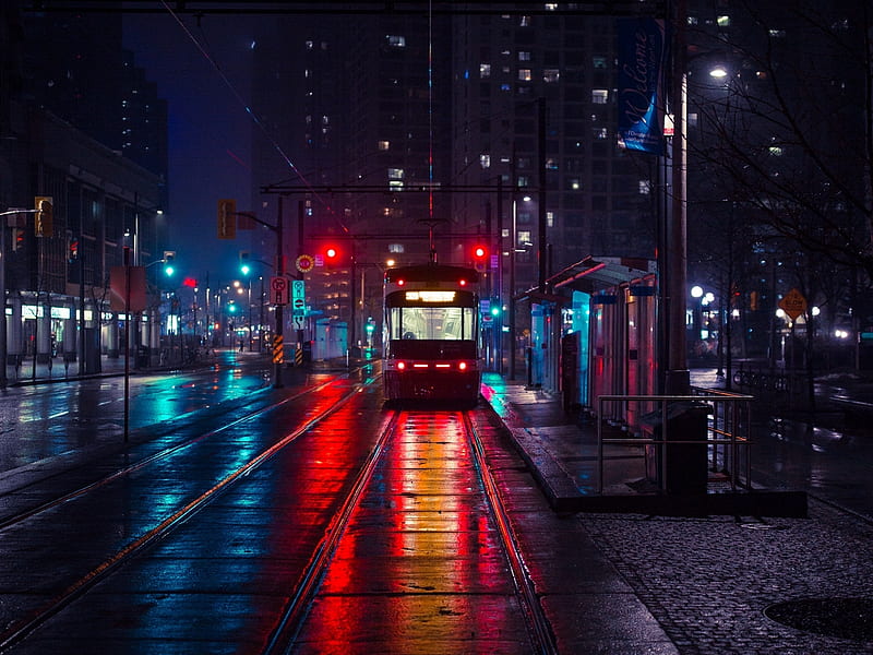 rainy night, tram, building, city, street, HD wallpaper