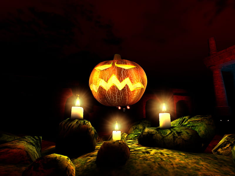 Pumpkin, 3d, fantasy, halloween, night, HD wallpaper