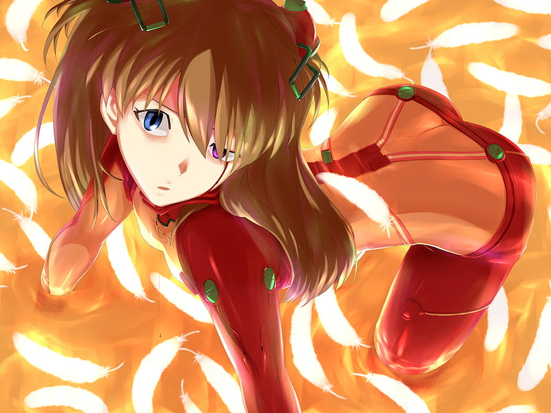 Asuka, suit, langley, neon genesis, feathers, HD wallpaper