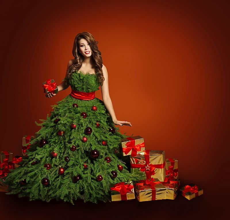 Christmas dress, red, dress, craciun, model, christmas, gift, woman, girl, green, funny, HD wallpaper
