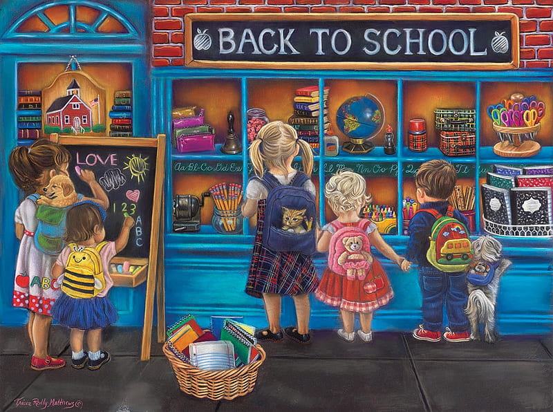 School time, art, shop, children, school, cute, painting, copil, tricia reilly matthews, pictura, blue, HD wallpaper