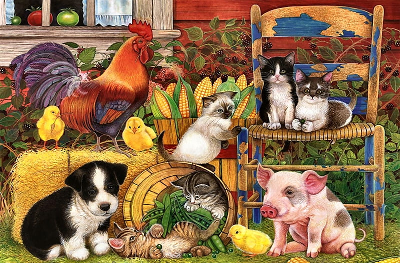Farm animals, art, cat, kitten, puppy, chickenpig, dog, animal, HD wallpaper  | Peakpx