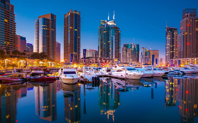 Dubai, dock, cityscapes, bay, yachts, UAE, United Arab Emirates, HD wallpaper