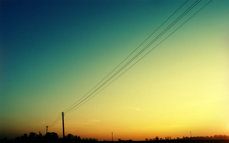 Connections, sun, orange, black, yellow, sunny, sunset, trees, sky, clouds, power lines, green, day, telephone poles, blue, HD wallpaper