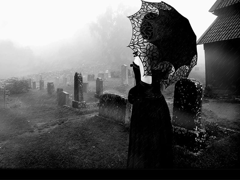 SILENT, dead, place, memorial, rainy, fantasy, bw, dark, graveyard, lady, HD wallpaper