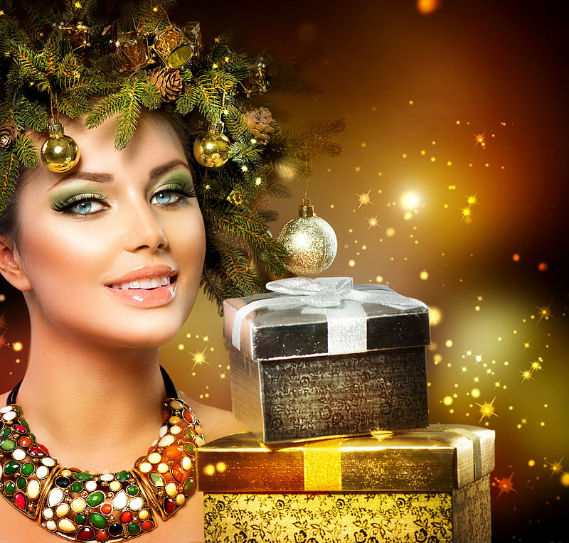 Happy New Year!, wreath, craciun, model, christmas, golden, box, new year, gift, anna subbotina, girl, beauty, face, HD wallpaper