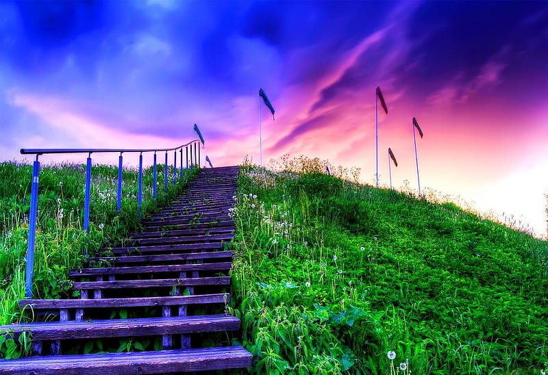 Stairs to the sky, colorful, grass, bonito, clouds, nice, green, harmony,  amazing, HD wallpaper | Peakpx