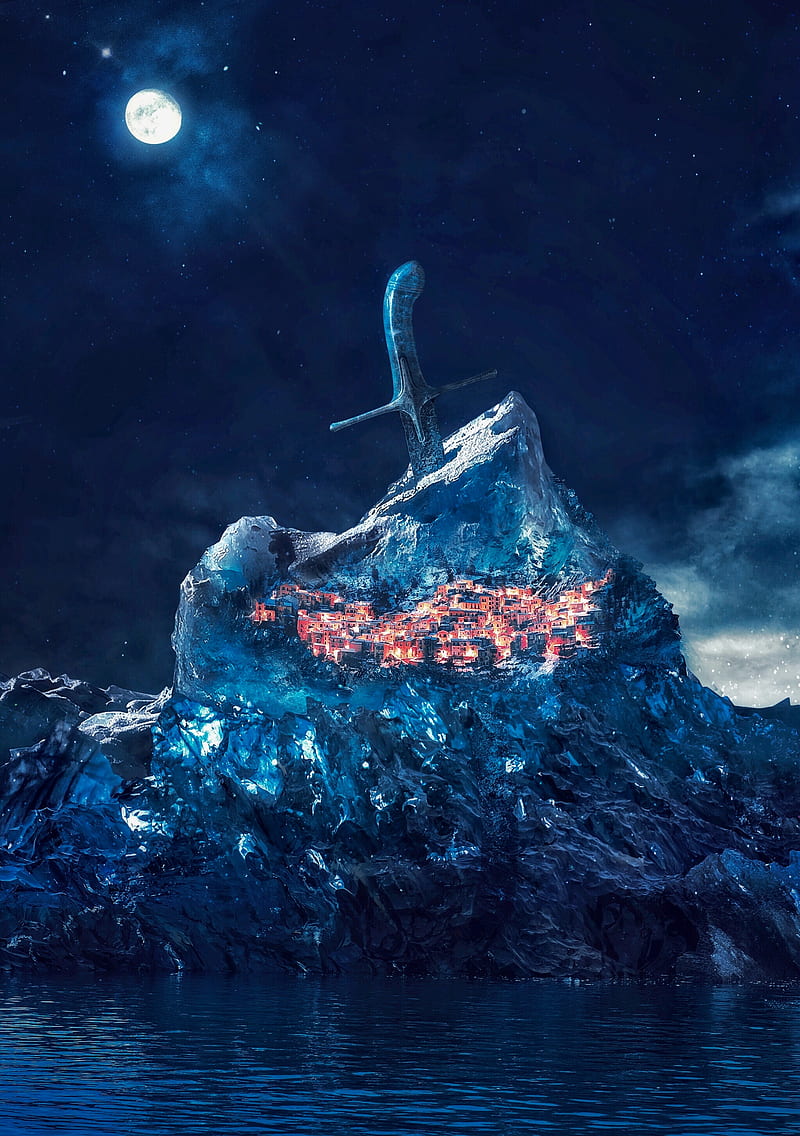 Ice Berg, cold, glacier, ice, night, poles, sea, sky, sword, village, water, HD phone wallpaper