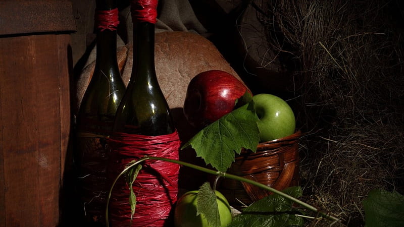 *** Still Life ***, jablka, wino, martwa, butelki, nature, HD wallpaper