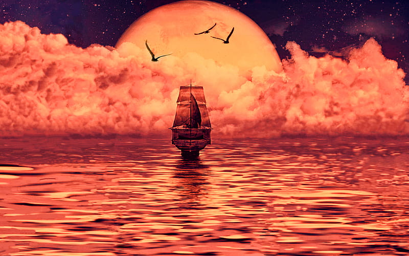 sailboat, moon, fog, sea, abstract nightscapes, creative, HD wallpaper