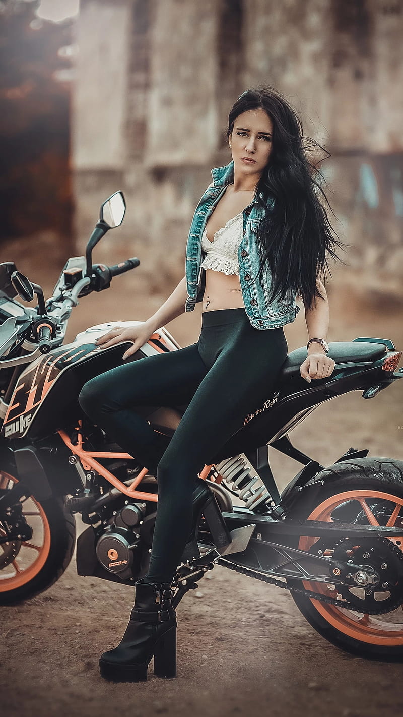 Girl and bike, black hair, boots jeans jacket, leather pants, pretty girl, sitting, HD phone wallpaper