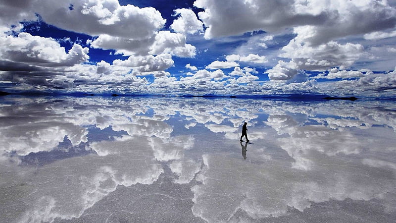 spectacular reflections on salt flat in bolivia, salt, man, reflection, clouds, sky, lake, HD wallpaper