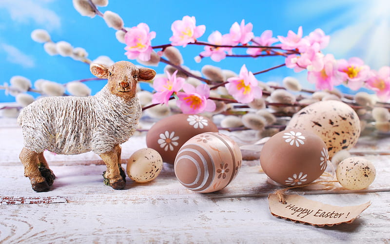 Happy Easter!, egg, sheep, brown, flower, spring, easter, pink, figurine, blue, HD wallpaper
