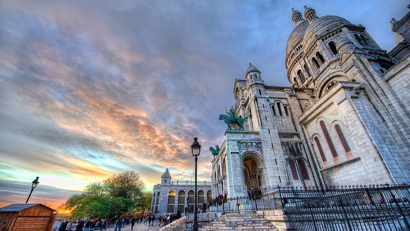 cathedral at sunset in montmartre france r, cathedral, domes, people, r, sunset, trees, HD wallpaper