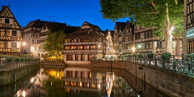 Cities, Strasbourg, Building, Canal, France, House, Night, Reflection, HD wallpaper