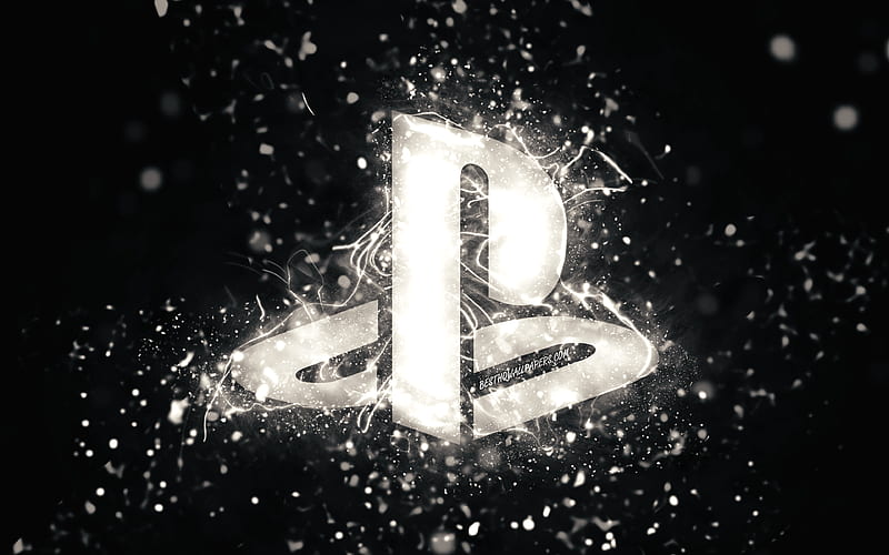 PlayStation white logo white neon lights, creative, black abstract background, PlayStation logo, PlayStation, HD wallpaper