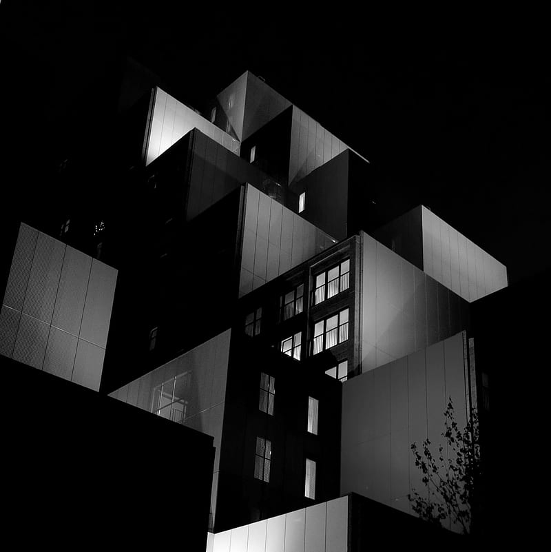 building, architecture, night, black, black and white, HD phone wallpaper