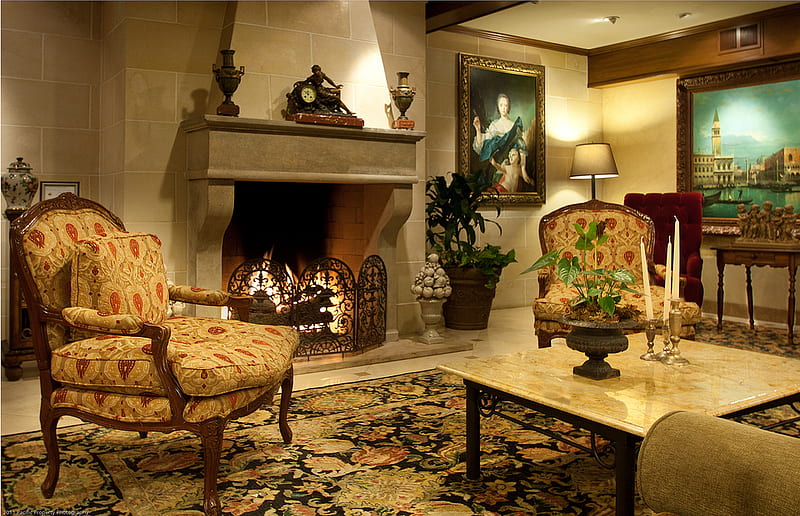 Fireplace, elegante, living room, interior, HD wallpaper