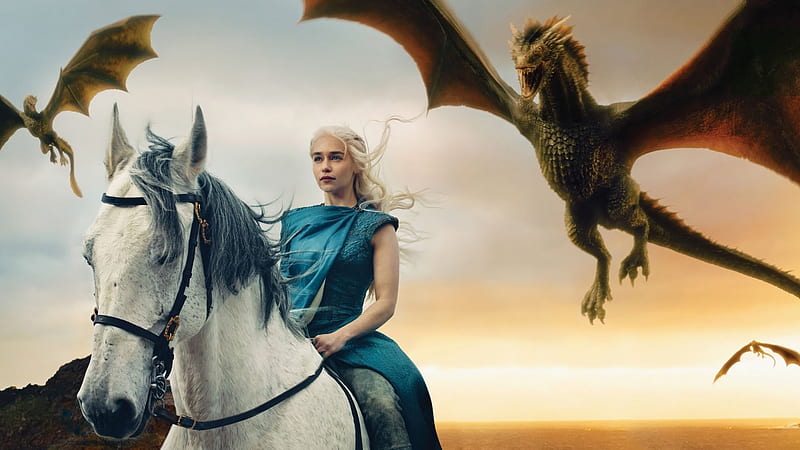 Game of Thrones, fantasy, actress, daenerys targaryen, horse, dragon, Emilia Clarke, princess, HD wallpaper