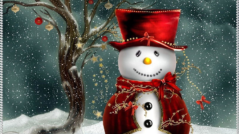 Snowman With Red Cap And Dress In Snowfall Background Cute Christmas, HD wallpaper
