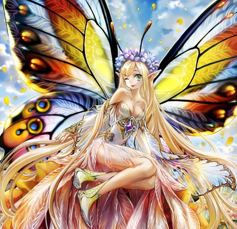Beauty Queen Fairy, colorful, dress, butterfly wings, orange, yellow, bonito, woman, sweet, fantasy, anime, flowers, beauty, anime girl, long hair, fairy, blue, art, female, colors, black, blonde hair, cute, girl, nature, lady, white, HD wallpaper