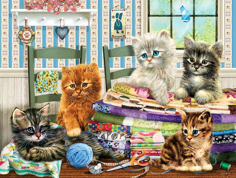 Let's Get Started !, table, playtime, wool, painting, chairs, kittens, kitchen, artwork, HD wallpaper
