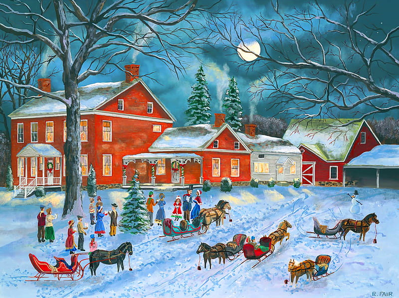 The carolers gather, sleigh, jpy, children, gather, carolers, cold, moon, village, evening, frost, night, playing, art, holiday, christmas, houses, fun, winter, snow, ice, HD wallpaper