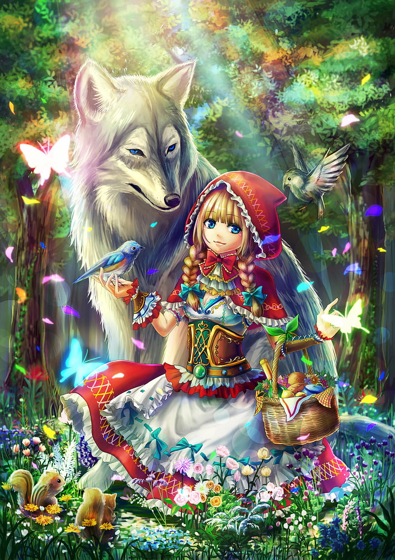 anime, anime girls, Little Red Riding Hood, Red Riding Hood, cleavage, wolf, birds, forest, flowers, long hair, blonde, blue eyes, open shirt, HD phone wallpaper