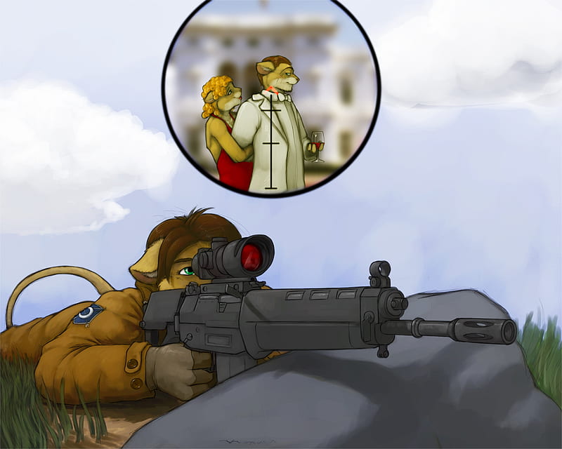Lion sniper, furry, guerra, rock, sight, lion, shoot, aim, gun, fight, sniper, HD wallpaper
