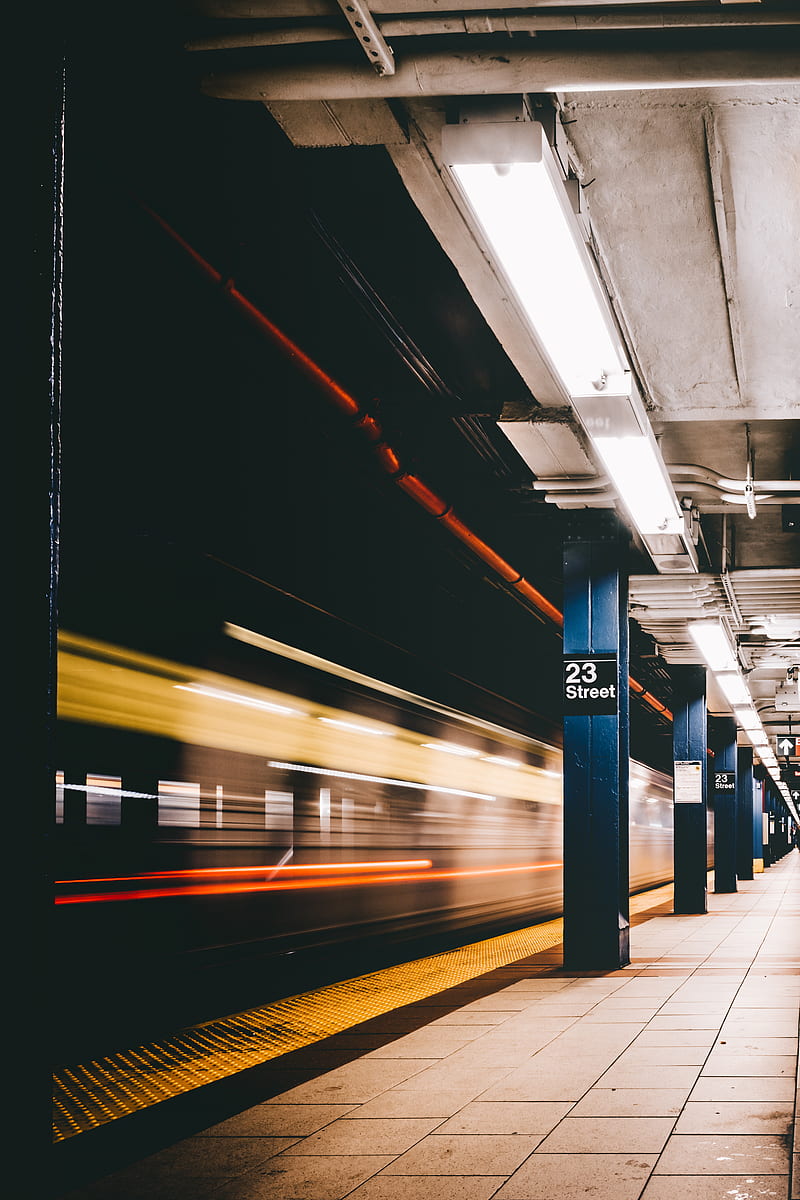 subway, station, underground, train, columns, lights, HD phone wallpaper