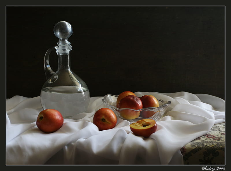 Sweet and juicy , table, glass, water, peaches, tablecloth, white, decanter, bowl, HD wallpaper