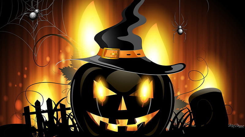 Witchy Jack, spider webs, grave stones, jack-o-lantern, graves, flame, spooky, pumpkin, spiders, Halloween, light, HD wallpaper