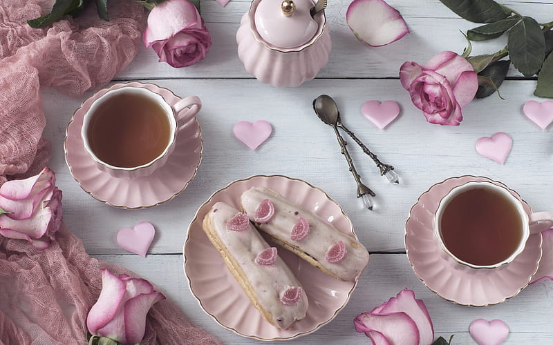 Tea time, food, cup, petals, pink, tea, dessert, sweet, rose, cookie, flower, HD wallpaper