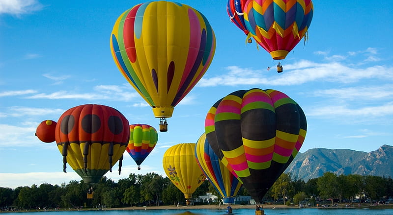 Balloons, Flying, River Ultra, Travel, Other, Colorful, Flying, River, Balloons, Ride, hotairballoons, HD wallpaper