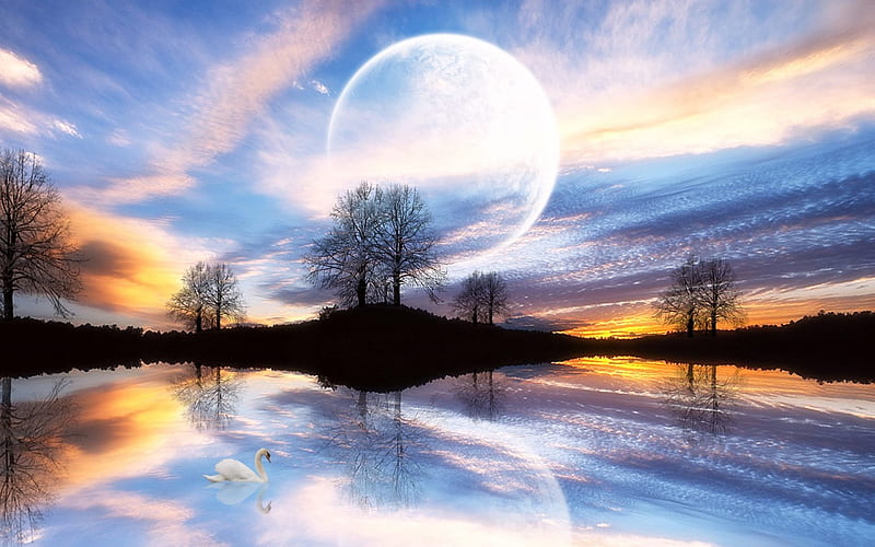 In your dreams, tree, moon, calm, reflection, clouds, lake, HD ...