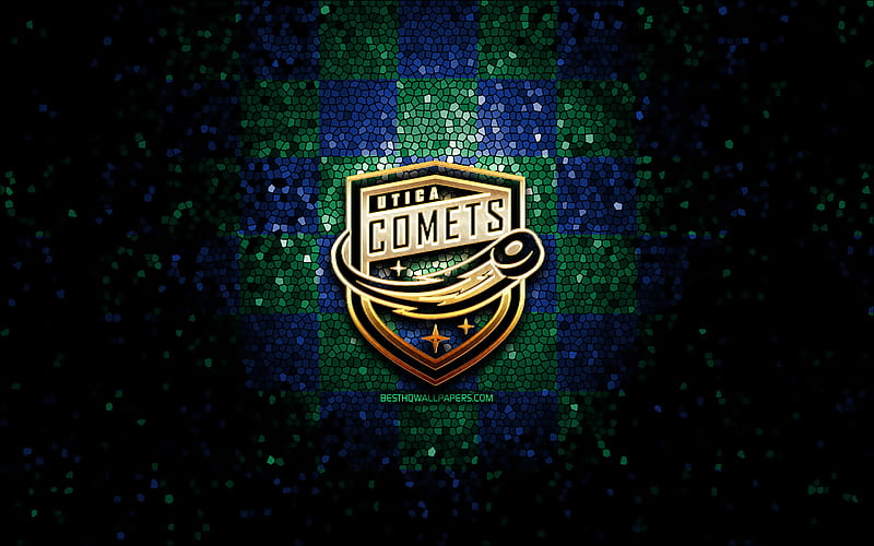 Utica Comets, glitter logo, AHL, blue green checkered background, USA, canadian hockey team, Utica Comets logo, mosaic art, hockey, America, HD wallpaper