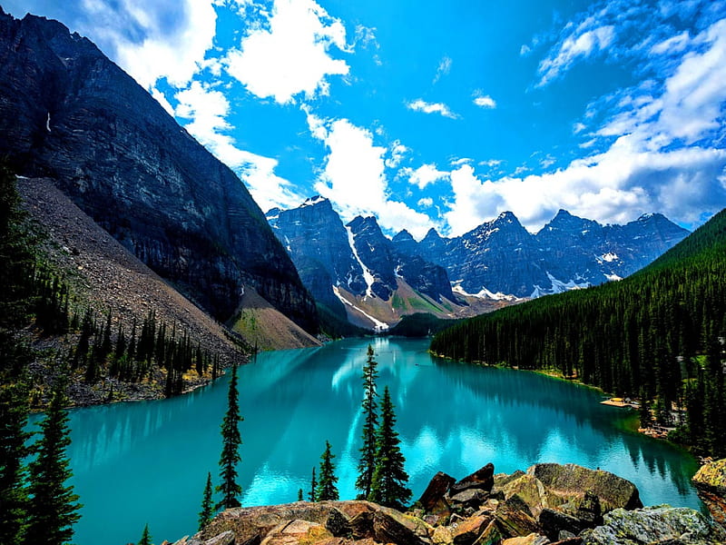 Blue lake, rocks, riverbank, shore, slopes, bonito, clouds, mirrored ...